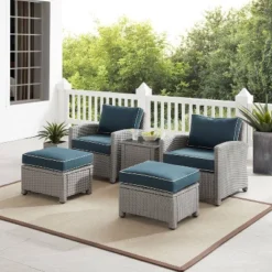 Bradenton 5pc Outdoor Wicker Seating Set With Side Table, 2 Arm Chairs And 2 Ottomans - Navy/Gray - Crosley