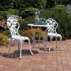 Sunnydaze Decor Sunnydaze Flower Design Cast Aluminum Bistro Set With Cast Iron Legs, White, 3pc -Crosley shop GUEST 8d189da7 b6ee 41bd baa4 fd76ce936875