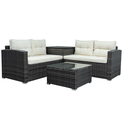 4pc Wicker Patio Set With Large Storage Box & Cushions - Gray/Beige - GODEER 2 4pc Wicker Patio Set With Large Storage Box & Cushions - Gray/Beige - GODEER - Image 2