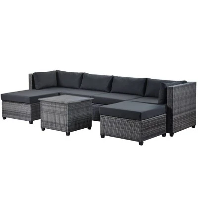 7pc Outdoor Set With Rattan Sofa & Cushions - Gray - GODEER 6 7pc Outdoor Set With Rattan Sofa & Cushions - Gray - GODEER - Image 6
