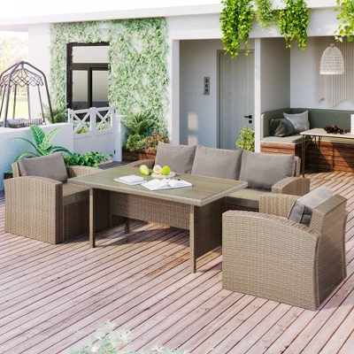 4pc Outdoor Wicker Conversation Set With Cushions - Gray - GODEER 1 4pc Outdoor Wicker Conversation Set With Cushions - Gray - GODEER