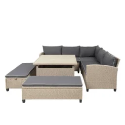 6pc Wicker Patio Set With Benches - Brown/Gray - GODEER -Crosley shop GUEST 91dfd48b f79c 40eb 8546 77c6b7e2a5ad