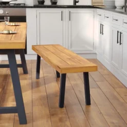 Emma And Oliver Rustic Natural Acacia Wood Bench With Seating For Two, Flared Wooden Legs And Slatted Surface For Indoor And Outdoor Use