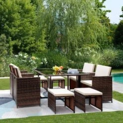 9pc Outdoor Conversation Set With Tempered Glass Table, Cushioned Chairs & Ottomans - Devoko -Crosley shop GUEST 9942a625 d1f5 48d2 ad97 c770b30d6ab8