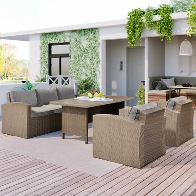 4pc Outdoor Wicker Conversation Set With Cushions - Gray - GODEER 2 4pc Outdoor Wicker Conversation Set With Cushions - Gray - GODEER - Image 2