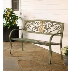 Plow & Hearth Pineapple Metal Garden Bench, In Verdigris