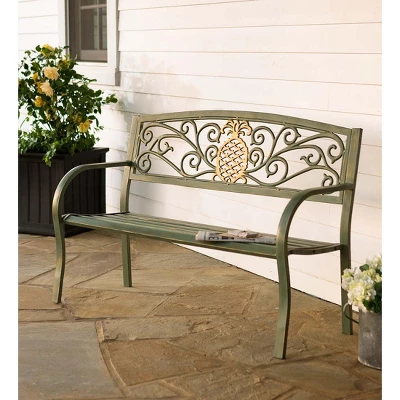 Plow & Hearth Pineapple Metal Garden Bench, In Verdigris 1 Plow & Hearth Pineapple Metal Garden Bench, In Verdigris