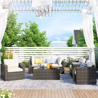 7pc Wicker Patio Set With Cushions & Storage Box - Gray/Beige - GODEER 1 7pc Wicker Patio Set With Cushions & Storage Box - Gray/Beige - GODEER
