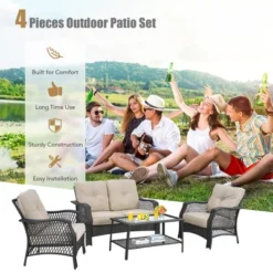 Costway 4PCS Patio Wicker Furniture Set Loveseat Sofa Coffee Table W/ Cushion -Crosley shop GUEST 9fd2d9df b295 49d5 8385 2236babef092