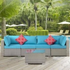 5pc Wicker Patio Seating Set With Cushions - Gray/Blue - GODEER -Crosley shop GUEST a23057e0 1aec 4df0 862c 2b2e955c336b
