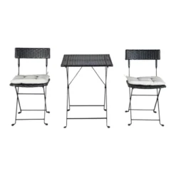 3pc Wicker Folding Outdoor Bistro Set With Cushions - Black/Beige - GODEER -Crosley shop GUEST a35a5814 7233 436d a549 006d23029d01
