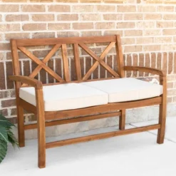 Acacia Wood X-Back Love Seat With Cushions Brown - Saracina Home -Crosley shop GUEST a375564a 7544 45f1 9224 786c06015617