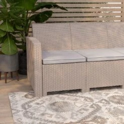 Merrick Lane Outdoor Furniture Resin Sofa Faux Rattan Wicker Pattern Patio 3-Seat Sofa With All-Weather Cushions -Crosley shop GUEST a37c3da1 768e 45a8 acdb 64126212f73f