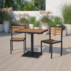 Emma And Oliver Outdoor Patio Bistro Dining Table Set With 2 Chairs And Faux Teak Poly Slats