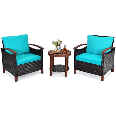 Tangkula 3-Piece Patio Rattan Bistro Set Acacia Wood Frame Sofa And Side Table 13 Tangkula 3-Piece Patio Rattan Bistro Set Acacia Wood Frame Sofa And Side Table - Image 13