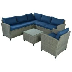 5pc Outdoor Wicker Conversation Set With Cushions - Blue - GODEER -Crosley shop GUEST a7aa8097 4b30 4cb6 8671 8722176fe2a9