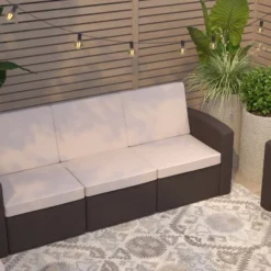 Merrick Lane Outdoor Furniture Resin Sofa Chocolate Brown Faux Rattan Wicker Pattern Patio 3-Seat Sofa With All-Weather Beige Cushions -Crosley shop GUEST a8ea56fa 3fde 4772 939c 4923b7bcbf35