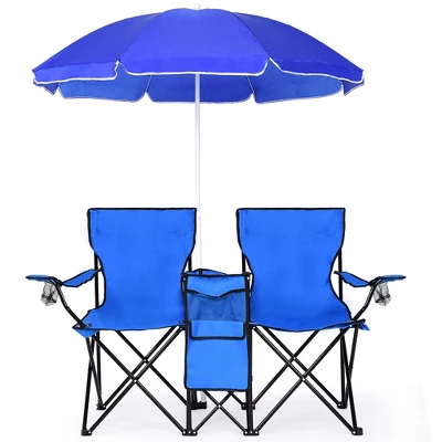 Costway Portable Folding Picnic Double Chair W/Umbrella Table Cooler Beach Camping Chair 2 Costway Portable Folding Picnic Double Chair W/Umbrella Table Cooler Beach Camping Chair - Image 2