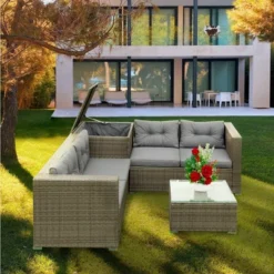 4pc Wicker Patio Conversation Seating Set With Thick Cushions - Gray - GODEER 18 4pc Wicker Patio Conversation Seating Set With Thick Cushions - Gray - GODEER -Crosley shop GUEST aa6d1a3d 175f 435d 9cca b90ceeefe73a
