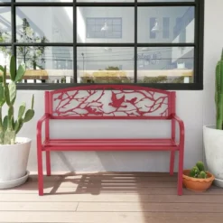 Costway Patio Garden Bench Park Yard Outdoor Furniture Cast Iron Porch Chair Red -Crosley shop GUEST ac1a718a 5d8e 4a2e b662 f646758551ee