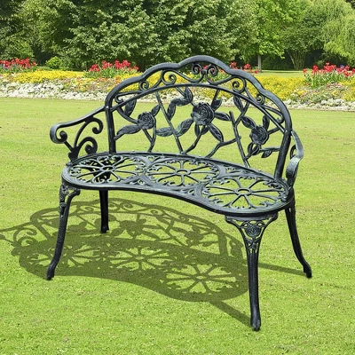 Outsunny Garden Bench Loveseat With Floral Rose Style, Cast Aluminum Frame For Outdoor, Patio, Park, Deck, Antique Green 2 Outsunny Garden Bench Loveseat With Floral Rose Style, Cast Aluminum Frame For Outdoor, Patio, Park, Deck, Antique Green - Image 2