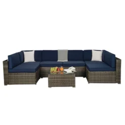 7pc Outdoor Rattan Wicker Seating Set With Cushions - Brown/Blue - GODEER 13 7pc Outdoor Rattan Wicker Seating Set With Cushions - Brown/Blue - GODEER -Crosley shop GUEST ac5f2b23 2f6a 4391 b147 353ff05d7b46