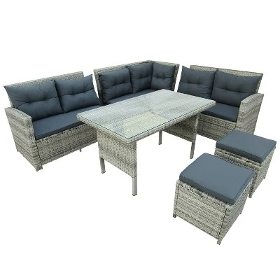 6pc Wicker Patio Set With Glass Table Ottomans - Gray/Dark Gray - GODEER 20 6pc Wicker Patio Set With Glass Table Ottomans - Gray/Dark Gray - GODEER - Image 20