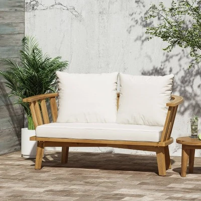 Solano Outdoor Wooden Loveseat With Cushions - White/Teak - Christopher Knight Home 1 Solano Outdoor Wooden Loveseat With Cushions - White/Teak - Christopher Knight Home