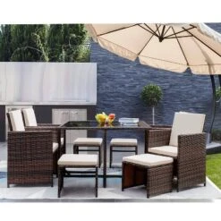 9pc Outdoor Conversation Set With Tempered Glass Table, Cushioned Chairs & Ottomans - Devoko -Crosley shop GUEST b1078b16 8bd2 45f2 ac42 3dd5e21d77cf
