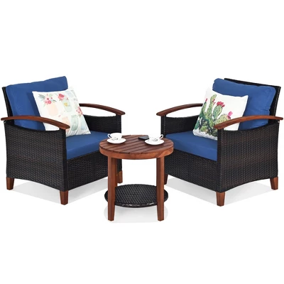 Tangkula 3-Piece Patio Rattan Bistro Set Acacia Wood Frame Sofa And Side Table 2 Tangkula 3-Piece Patio Rattan Bistro Set Acacia Wood Frame Sofa And Side Table - Image 2