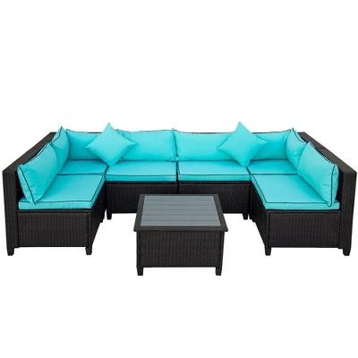 7pc Wicker Outdoor Sectional Seating Set With Cushions - Dark Brown/Blue - GODEER 3 7pc Wicker Outdoor Sectional Seating Set With Cushions - Dark Brown/Blue - GODEER - Image 3