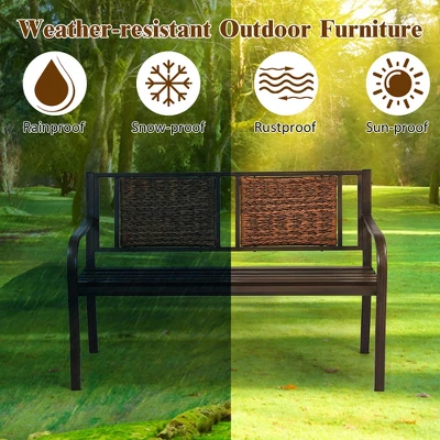 Costway Patio Garden Bench Steel Frame Rattan Backrest Park Yard Outdoor Porch Furniture 4 Costway Patio Garden Bench Steel Frame Rattan Backrest Park Yard Outdoor Porch Furniture - Image 4