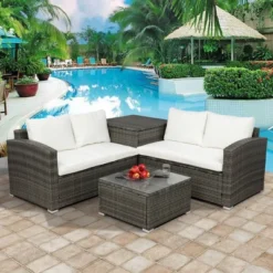 4pc Wicker Patio Conversation Set With Cushions - Gray/Beige - GODEER -Crosley shop GUEST b746b2d2 3f80 4644 836f 62c248cea60a