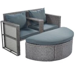 2pc Outdoor Wicker Conversation Sectional Set With Cushions & Half-Moon Side Table For Umbrella - Gray - GODEER -Crosley shop GUEST b7c7ee58 df71 4f74 ae59 ce01bb2d4490