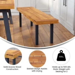 Flash Furniture Martindale Solid Acacia Wood Patio Dining Bench For 2 With Slatted Top And Black Flared Wooden Legs In A Natural Finish -Crosley shop GUEST b81371e9 1817 46c6 9889 e3ae3d8cb3fe