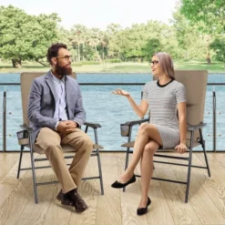 Costway Patio Padded Folding Portable Chair Camping Dining Outdoor Beach Chair GreyBrown -Crosley shop GUEST b8e45fb8 1925 4292 bd0b 1444007c0389