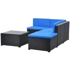 5pc Wicker Patio Sectional Seating Set With Cushions - Black/Blue - GODEER -Crosley shop GUEST bb0326b3 d7a4 4671 af7d d197fa871939