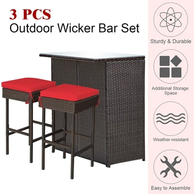 Costway 3PCS Patio Rattan Wicker Bar Table Stools Dining Set Cushioned Chairs Garden Red 4 Costway 3PCS Patio Rattan Wicker Bar Table Stools Dining Set Cushioned Chairs Garden Red - Image 4