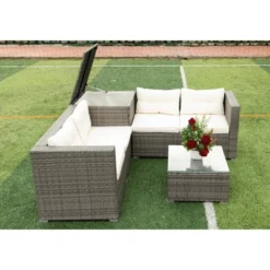 4pc Wicker Patio Seating Set With Cushions - Gray/Beige - GODEER -Crosley shop GUEST bed6c083 231a 488e 8d2c c3cbaeff7856