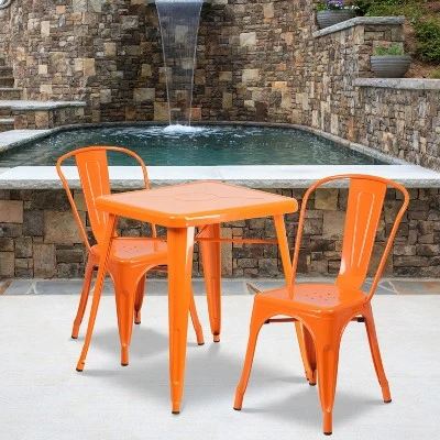 Emma And Oliver Commercial Grade 23.75" Square Metal Indoor-Outdoor Table Set W/ 2 Stack Chairs 1 Emma And Oliver Commercial Grade 23.75" Square Metal Indoor-Outdoor Table Set W/ 2 Stack Chairs
