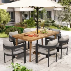 7-Piece Outdoor Patio Dining Set With Aluminum Chairs And Light Gray Cushions, Acacia Wood Table For Backyard Or Garden Dining - Maison Boucle 14 7-Piece Outdoor Patio Dining Set With Aluminum Chairs And Light Gray Cushions, Acacia Wood Table For Backyard Or Garden Dining - Maison Boucle -Crosley shop GUEST c0d3c2b9 7a5a 4021 942e 01c25535fced