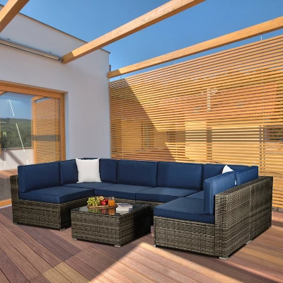 7pc Outdoor Rattan Wicker Seating Set With Cushions - Brown/Blue - GODEER 1 7pc Outdoor Rattan Wicker Seating Set With Cushions - Brown/Blue - GODEER