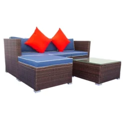 3pc Wicker Patio Sectional Seating Set With Cushions - Brown/Blue - GODEER -Crosley shop GUEST c1eb2862 cad0 42d4 81dc 20da796b0585