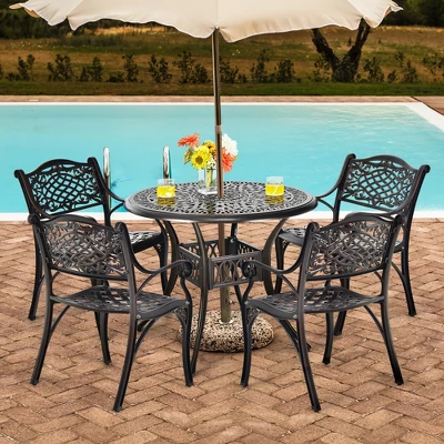 Costway 5 PCS Patio Dining Bistro Sets Cast Aluminum Round Patio Table W/Chairs 1 Costway 5 PCS Patio Dining Bistro Sets Cast Aluminum Round Patio Table W/Chairs