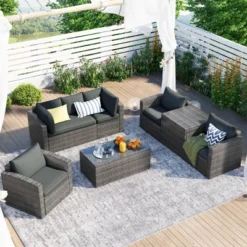 7-Piece Patio Wicker Sofa Set With Cushions, Table And Storage Box - ModernLuxe