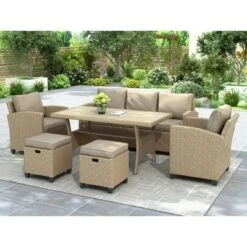 6pc Outdoor Wicker Conversation Set With Arm Chairs, Sofa, Ottomans & Coffee Table - Brown - GODEER -Crosley shop GUEST c5fbe146 48f1 4adf 97a3 20d07a001d33