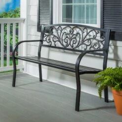 Evergreen Blooming Garden Metal Bench, Black -Crosley shop GUEST c865cf19 3d9f 4e9c a778 076e173020d3