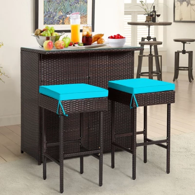 Tangkula 3PCS Patio Wicker Rattan Bar Set Table W/2 Turquoise Cushioned Stools 2 Tangkula 3PCS Patio Wicker Rattan Bar Set Table W/2 Turquoise Cushioned Stools - Image 2