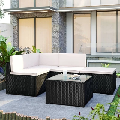 5pc Wicker Patio Conversation Set With Cushions - Black/Beige - GODEER 3 5pc Wicker Patio Conversation Set With Cushions - Black/Beige - GODEER - Image 3