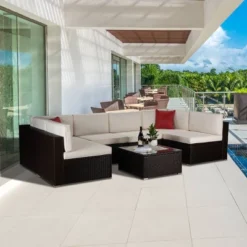 7pc Outdoor Rattan Wicker Set With Cushions - Brown/Beige/Red - GODEER